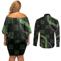 Hawaiian Quilt Couples Matching Off Shoulder Short Dress and Long Sleeve Button Shirt Pele Hair Hinahina Lei Black Version