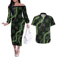 Hawaiian Quilt Couples Matching Off The Shoulder Long Sleeve Dress and Hawaiian Shirt Pele Hair Hinahina Lei Black Version