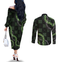 Hawaiian Quilt Couples Matching Off The Shoulder Long Sleeve Dress and Long Sleeve Button Shirt Pele Hair Hinahina Lei Black Version