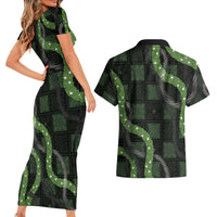 Hawaiian Quilt Couples Matching Short Sleeve Bodycon Dress and Hawaiian Shirt Pele Hair Hinahina Lei Black Version