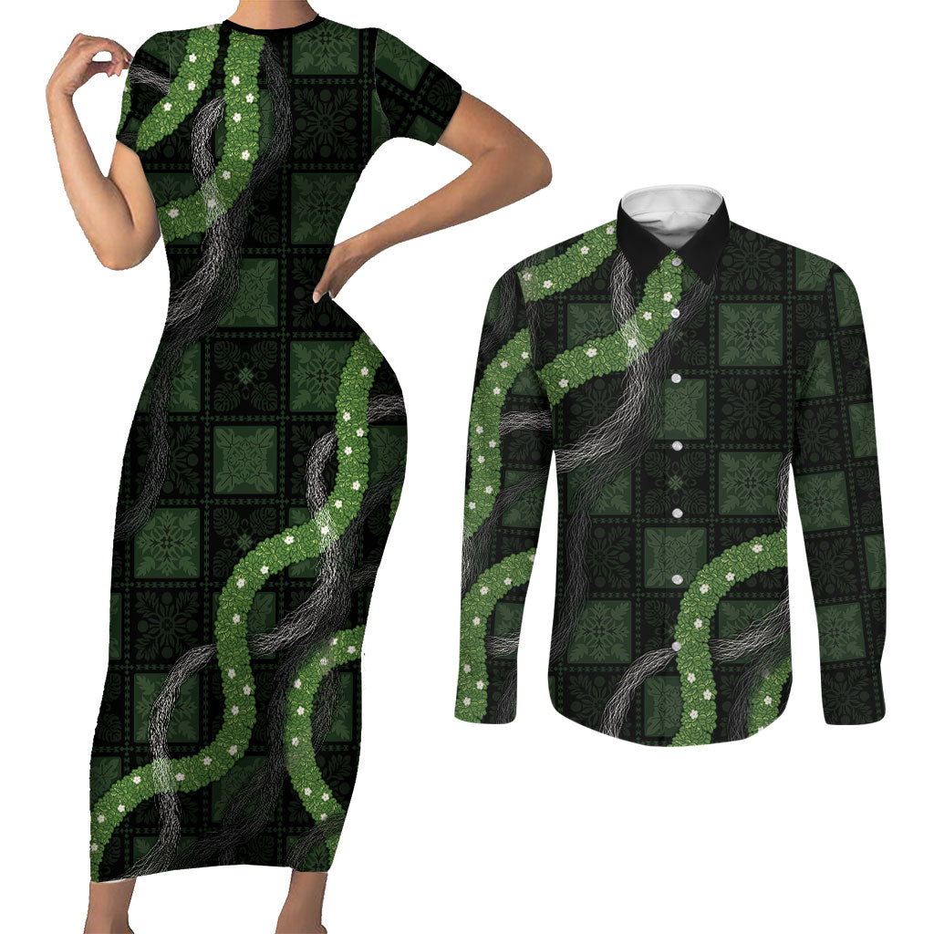 Hawaiian Quilt Couples Matching Short Sleeve Bodycon Dress and Long Sleeve Button Shirt Pele Hair Hinahina Lei Black Version LT05 Black - Polynesian Pride
