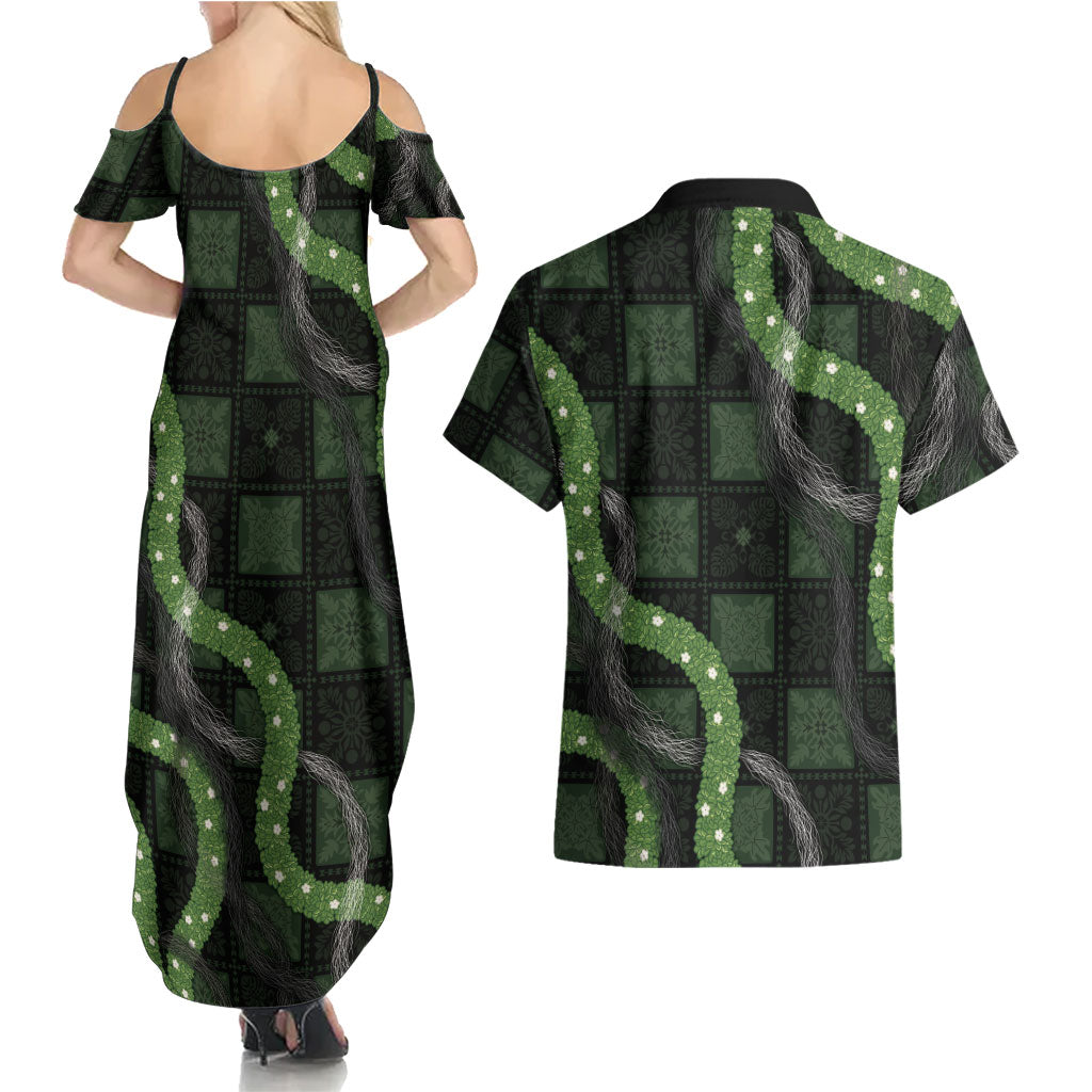 Hawaiian Quilt Couples Matching Summer Maxi Dress and Hawaiian Shirt Pele Hair Hinahina Lei Black Version