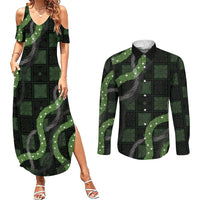 Hawaiian Quilt Couples Matching Summer Maxi Dress and Long Sleeve Button Shirt Pele Hair Hinahina Lei Black Version