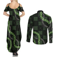 Hawaiian Quilt Couples Matching Summer Maxi Dress and Long Sleeve Button Shirt Pele Hair Hinahina Lei Black Version