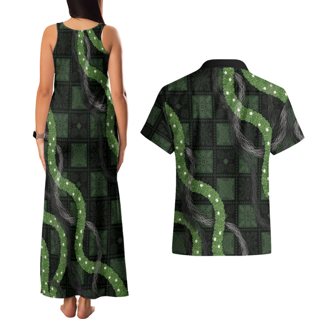 Hawaiian Quilt Couples Matching Tank Maxi Dress and Hawaiian Shirt Pele Hair Hinahina Lei Black Version