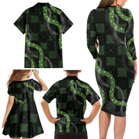 Hawaiian Quilt Family Matching Long Sleeve Bodycon Dress and Hawaiian Shirt Pele Hair Hinahina Lei Black Version