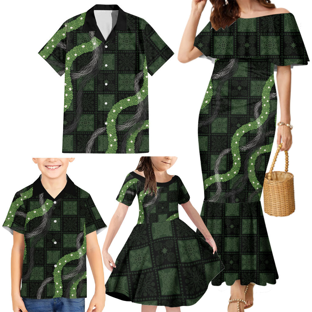 Hawaiian Quilt Family Matching Mermaid Dress and Hawaiian Shirt Pele Hair Hinahina Lei Black Version