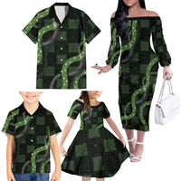 Hawaiian Quilt Family Matching Off The Shoulder Long Sleeve Dress and Hawaiian Shirt Pele Hair Hinahina Lei Black Version