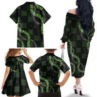 Hawaiian Quilt Family Matching Off The Shoulder Long Sleeve Dress and Hawaiian Shirt Pele Hair Hinahina Lei Black Version