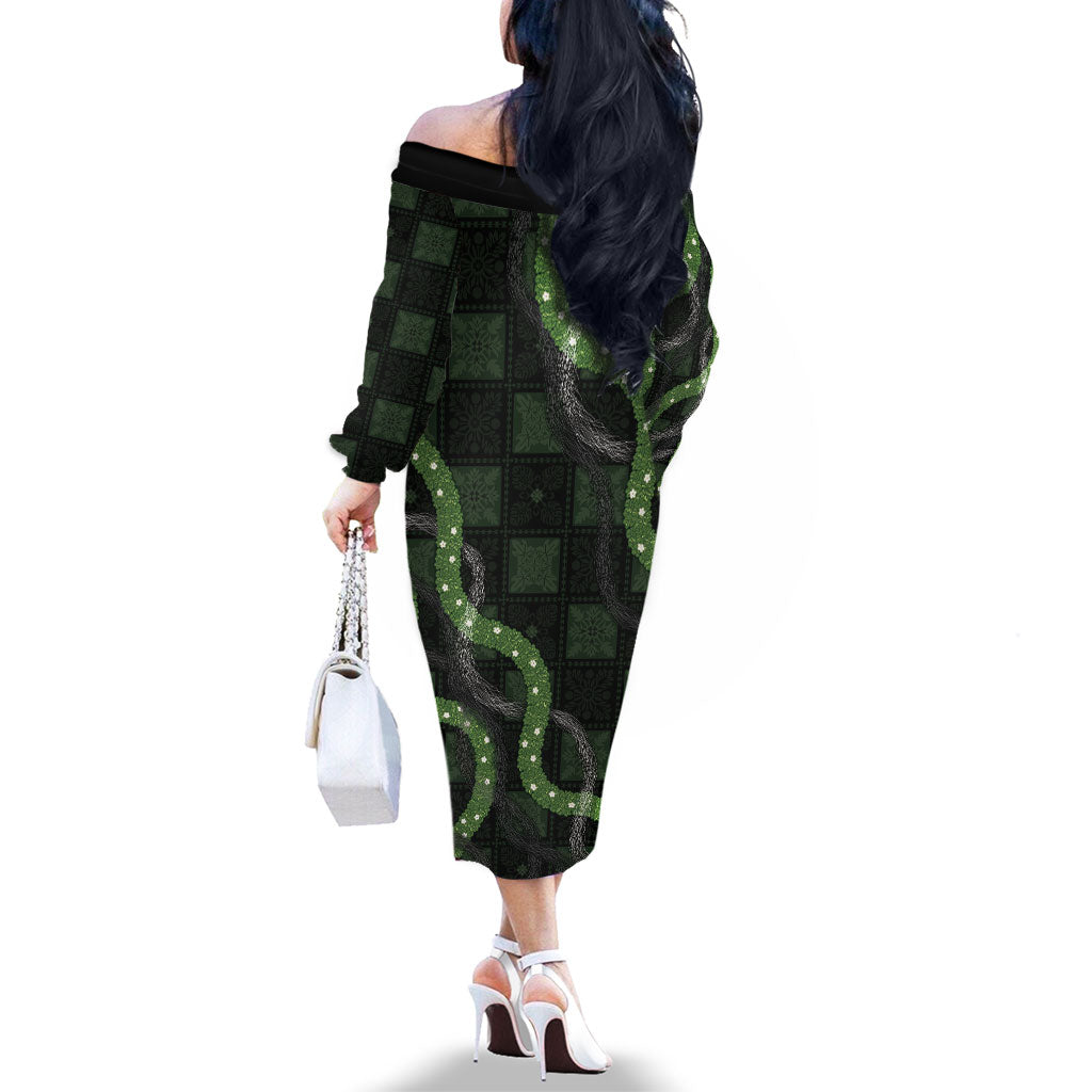 Hawaiian Quilt Family Matching Off The Shoulder Long Sleeve Dress and Hawaiian Shirt Pele Hair Hinahina Lei Black Version