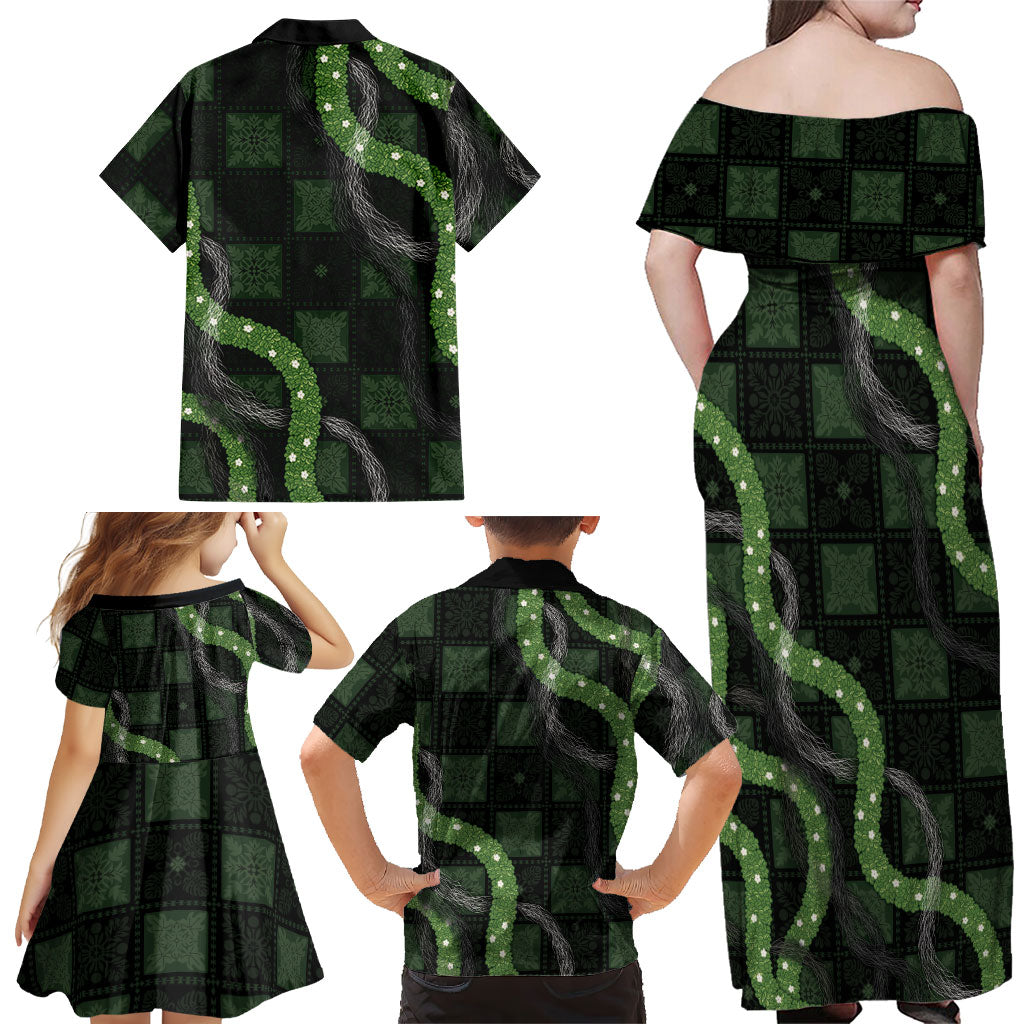 Hawaiian Quilt Family Matching Off Shoulder Maxi Dress and Hawaiian Shirt Pele Hair Hinahina Lei Black Version