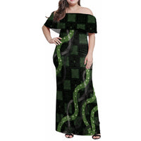 Hawaiian Quilt Family Matching Off Shoulder Maxi Dress and Hawaiian Shirt Pele Hair Hinahina Lei Black Version