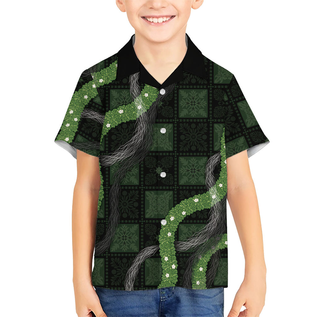 Hawaiian Quilt Family Matching Off Shoulder Maxi Dress and Hawaiian Shirt Pele Hair Hinahina Lei Black Version