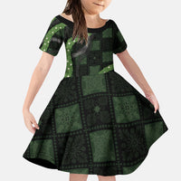 Hawaiian Quilt Family Matching Off Shoulder Short Dress and Hawaiian Shirt Pele Hair Hinahina Lei Black Version