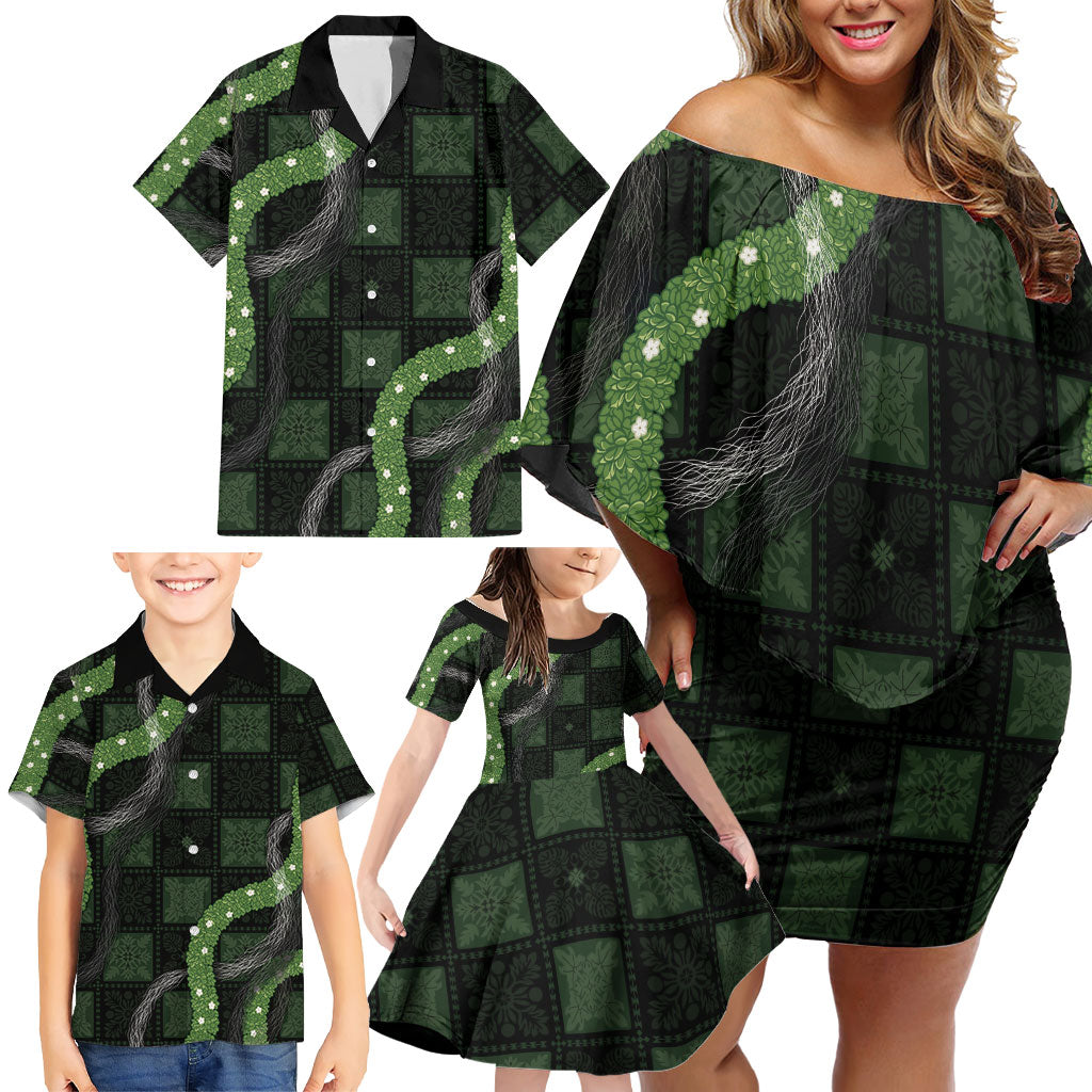 Hawaiian Quilt Family Matching Off Shoulder Short Dress and Hawaiian Shirt Pele Hair Hinahina Lei Black Version