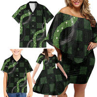 Hawaiian Quilt Family Matching Off Shoulder Short Dress and Hawaiian Shirt Pele Hair Hinahina Lei Black Version