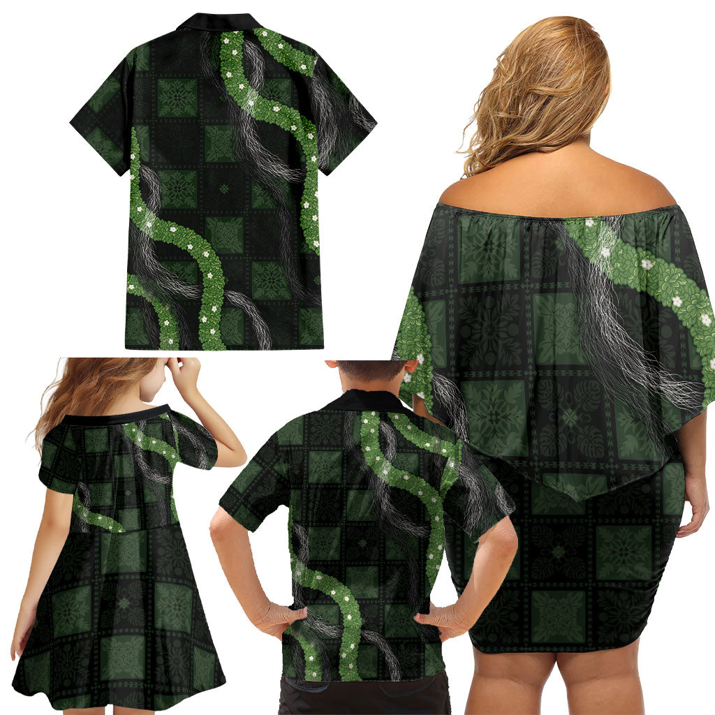 Hawaiian Quilt Family Matching Off Shoulder Short Dress and Hawaiian Shirt Pele Hair Hinahina Lei Black Version