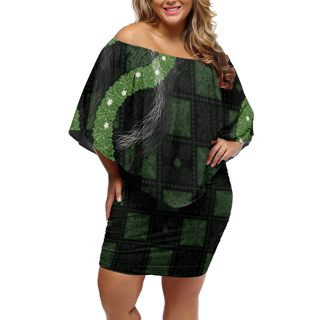 Hawaiian Quilt Family Matching Off Shoulder Short Dress and Hawaiian Shirt Pele Hair Hinahina Lei Black Version