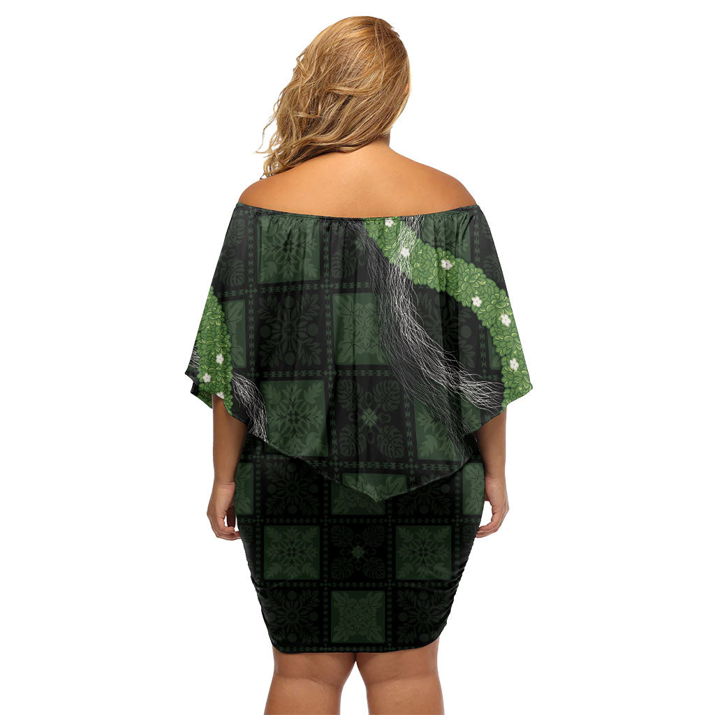 Hawaiian Quilt Family Matching Off Shoulder Short Dress and Hawaiian Shirt Pele Hair Hinahina Lei Black Version