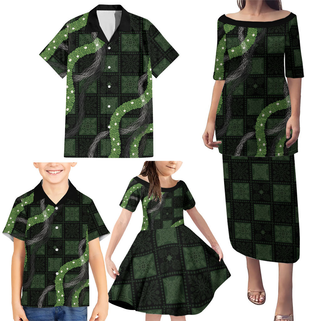 Hawaiian Quilt Family Matching Puletasi and Hawaiian Shirt Pele Hair Hinahina Lei Black Version