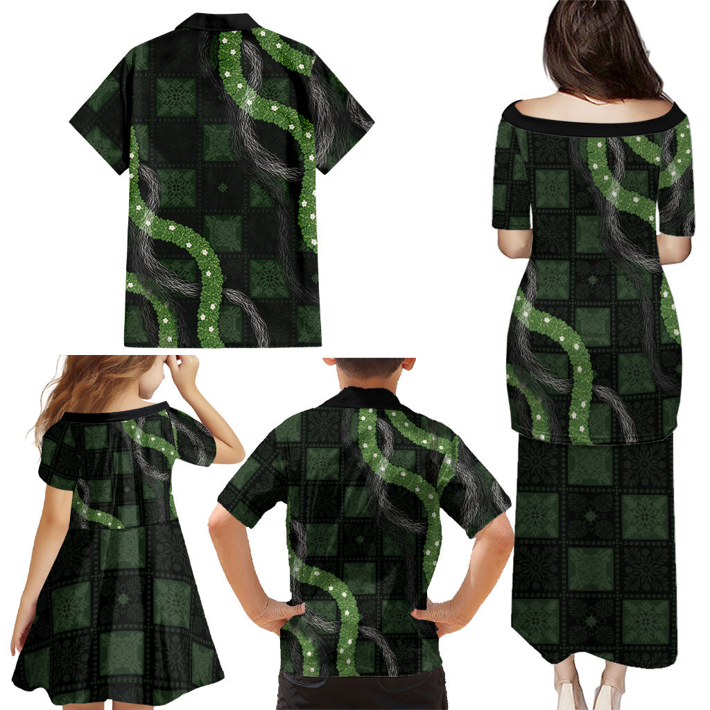 Hawaiian Quilt Family Matching Puletasi and Hawaiian Shirt Pele Hair Hinahina Lei Black Version