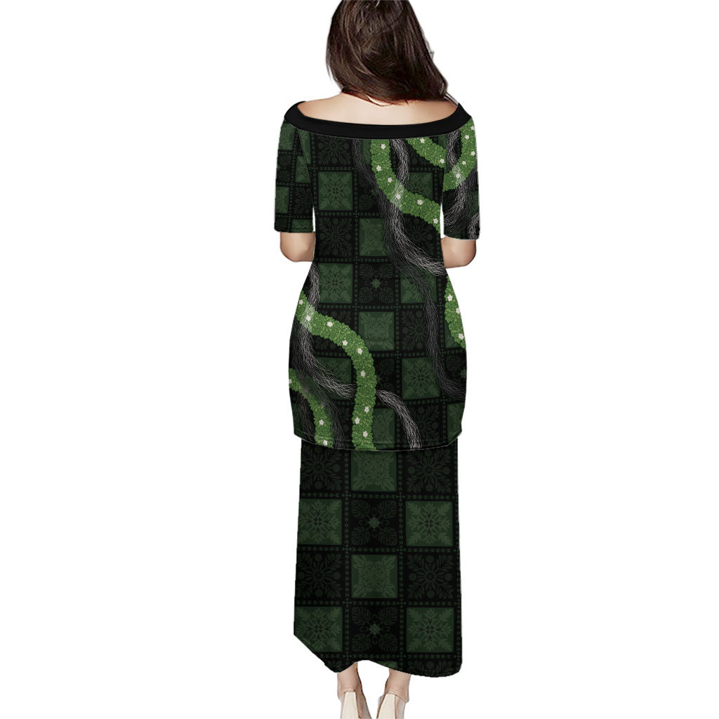 Hawaiian Quilt Family Matching Puletasi and Hawaiian Shirt Pele Hair Hinahina Lei Black Version