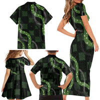 Hawaiian Quilt Family Matching Short Sleeve Bodycon Dress and Hawaiian Shirt Pele Hair Hinahina Lei Black Version