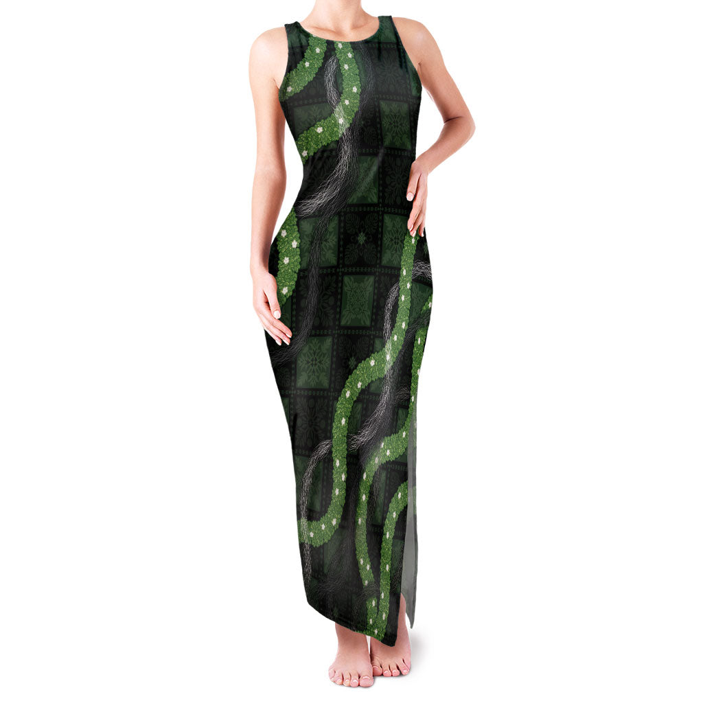 Hawaiian Quilt Family Matching Tank Maxi Dress and Hawaiian Shirt Pele Hair Hinahina Lei Black Version