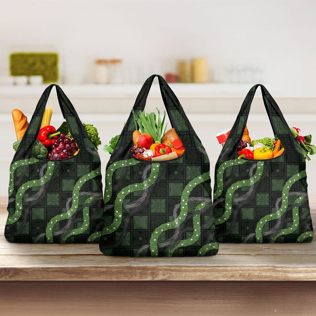 Hawaiian Quilt Grocery Bag Pele Hair Hinahina Lei Black Version