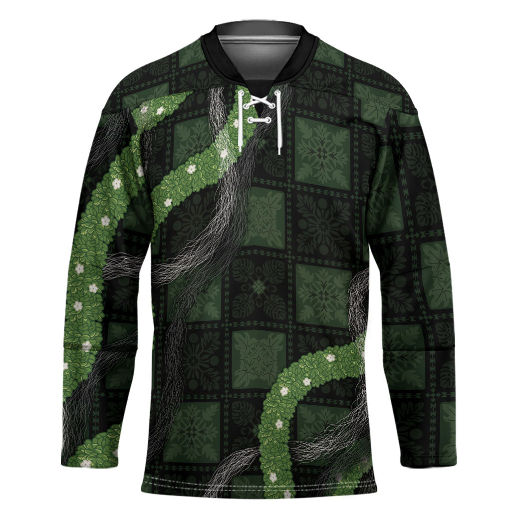 Hawaiian Quilt Hockey Jersey Pele Hair Hinahina Lei Black Version