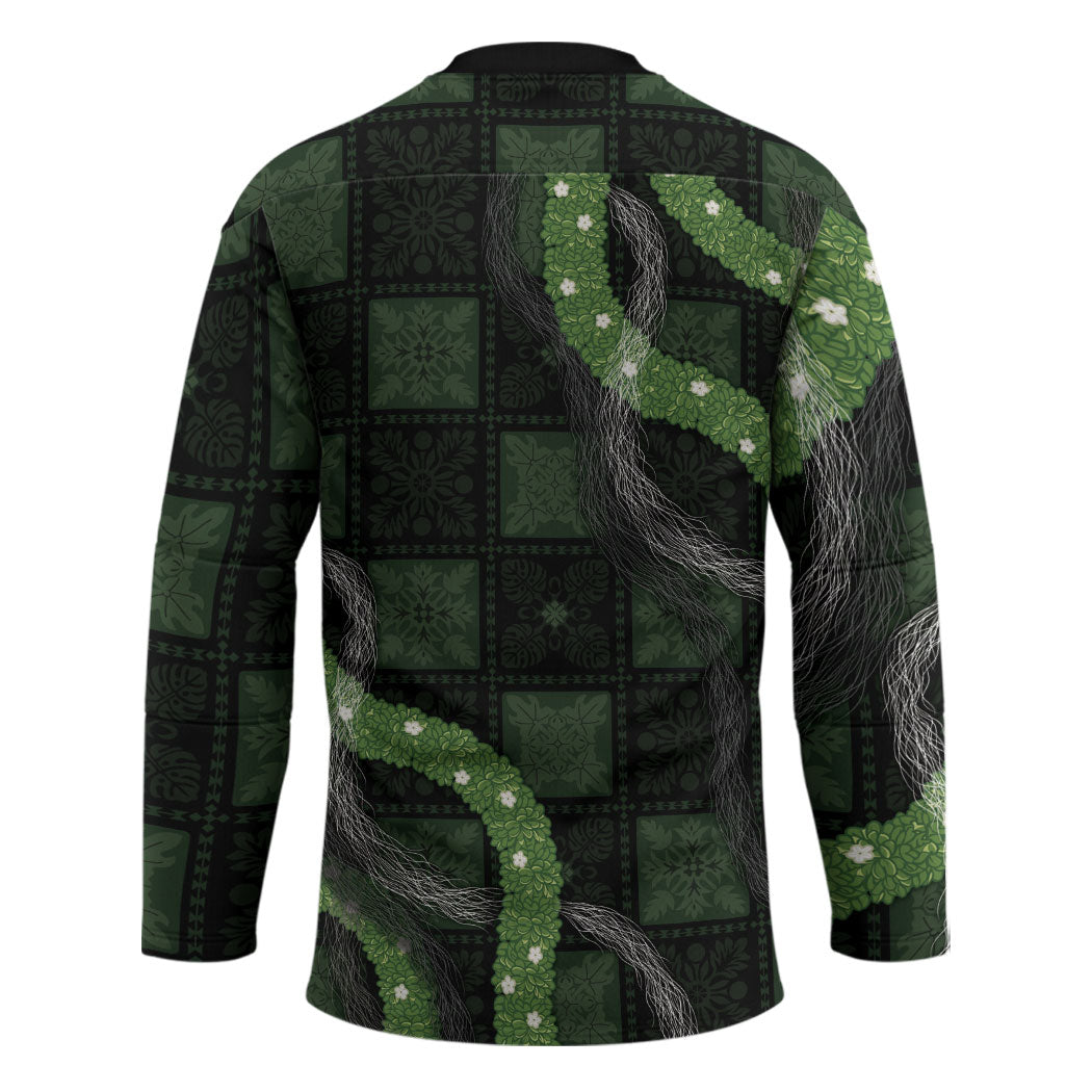 Hawaiian Quilt Hockey Jersey Pele Hair Hinahina Lei Black Version
