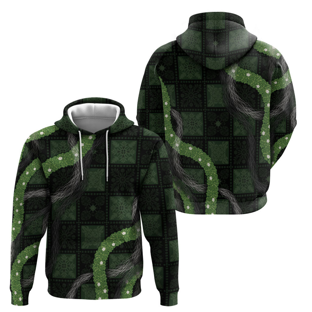 Hawaiian Quilt Hoodie Pele Hair Hinahina Lei Black Version