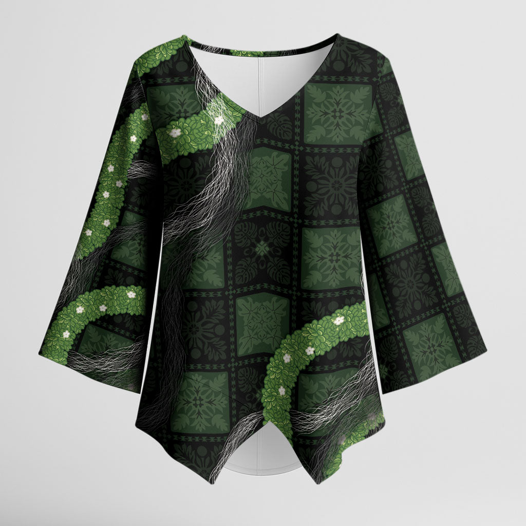 Hawaiian Quilt Kimono Sleeve Blouse Pele Hair Hinahina Lei Black Version LT05 Female Black - Polynesian Pride