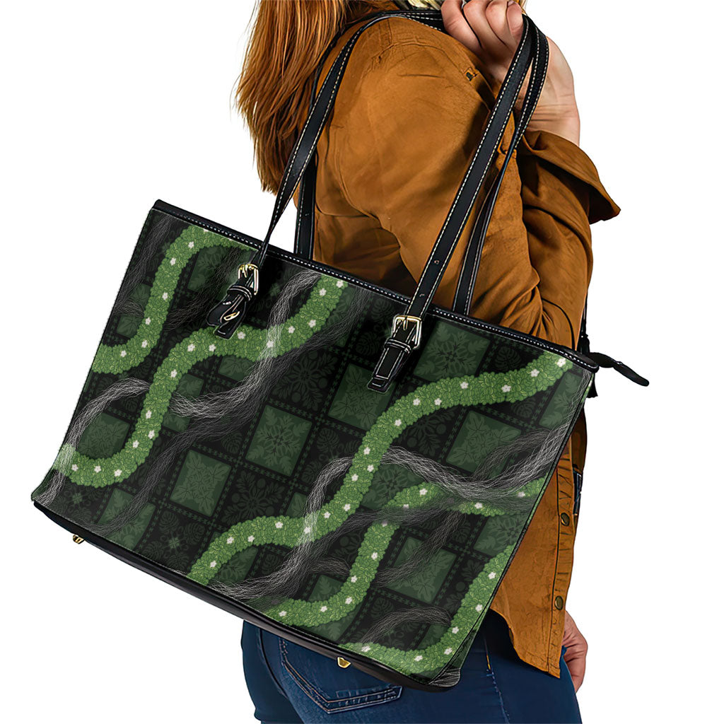 Hawaiian Quilt Leather Tote Bag Pele Hair Hinahina Lei Black Version