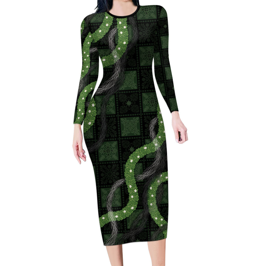 Hawaiian Quilt Long Sleeve Bodycon Dress Pele Hair Hinahina Lei Black Version
