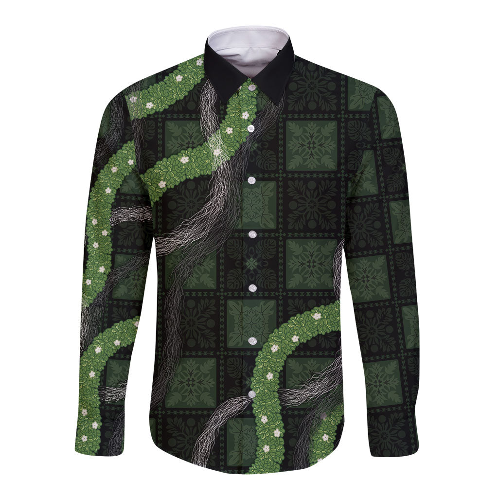 Hawaiian Quilt Long Sleeve Button Shirt Pele Hair Hinahina Lei Black Version LT05 Unisex Black - Polynesian Pride