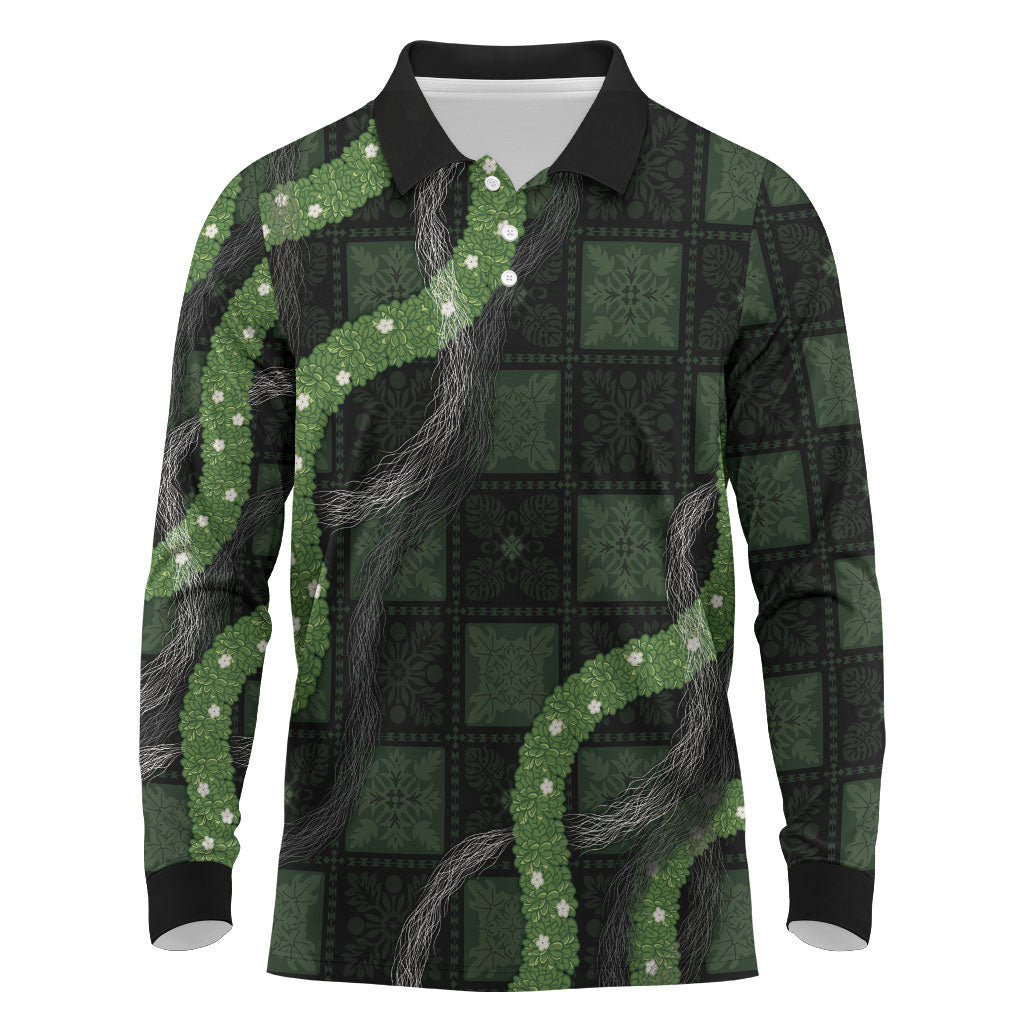 Hawaiian Quilt Long Sleeve Polo Shirt Pele Hair Hinahina Lei Black Version LT05 Black - Polynesian Pride