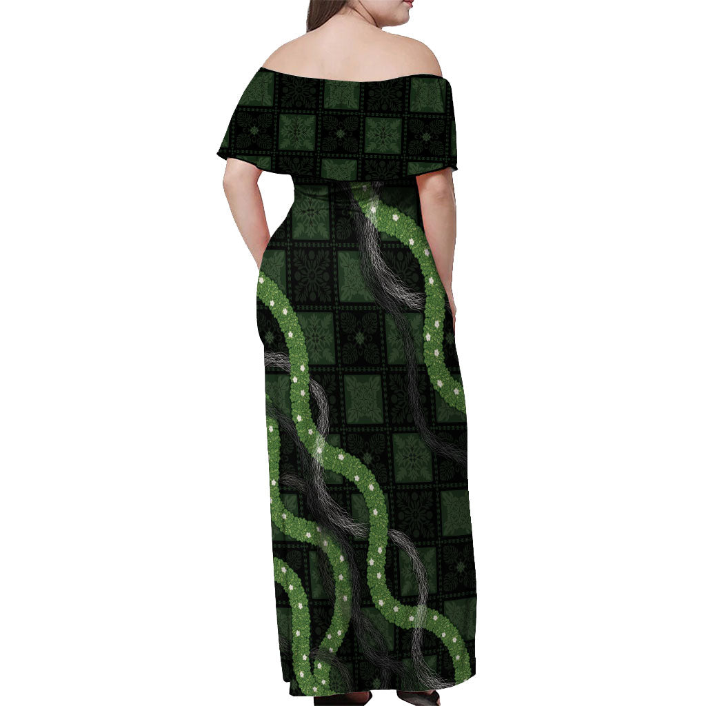 Hawaiian Quilt Off Shoulder Maxi Dress Pele Hair Hinahina Lei Black Version