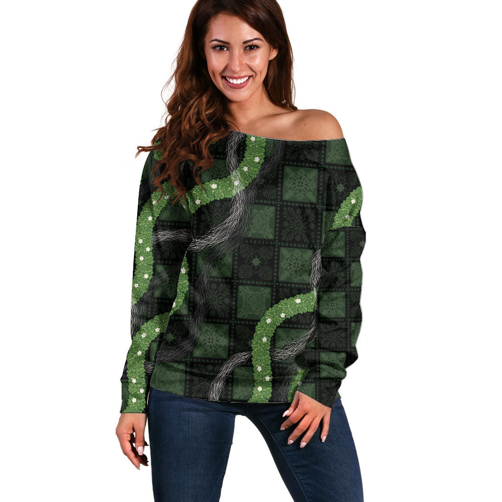 Hawaiian Quilt Off Shoulder Sweater Pele Hair Hinahina Lei Black Version