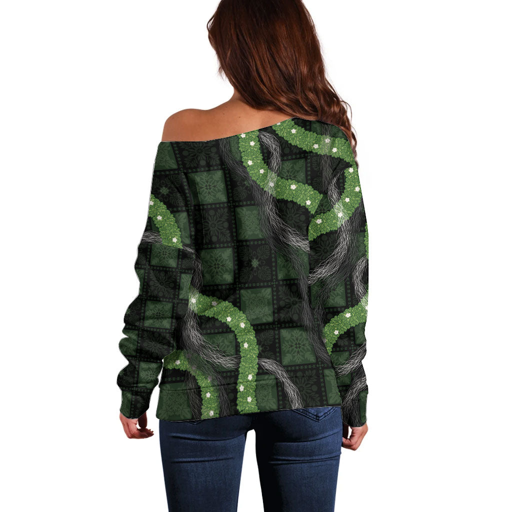 Hawaiian Quilt Off Shoulder Sweater Pele Hair Hinahina Lei Black Version