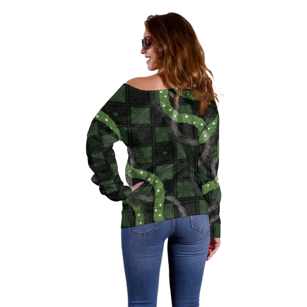Hawaiian Quilt Off Shoulder Sweater Pele Hair Hinahina Lei Black Version