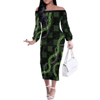 Hawaiian Quilt Off The Shoulder Long Sleeve Dress Pele Hair Hinahina Lei Black Version