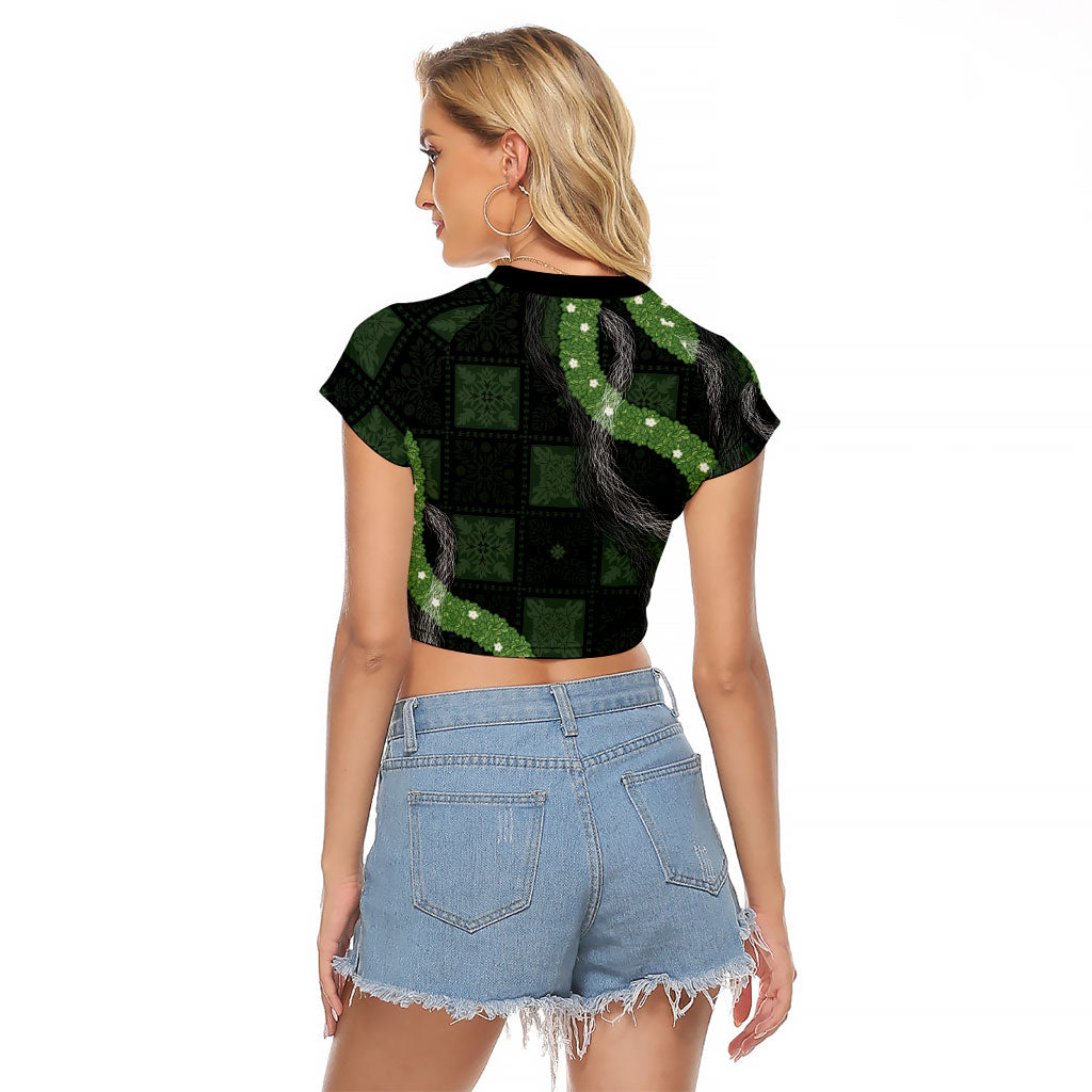Hawaiian Quilt Raglan Cropped T Shirt Pele Hair Hinahina Lei Black Version
