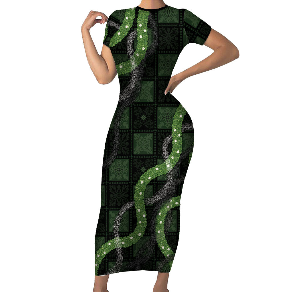 Hawaiian Quilt Short Sleeve Bodycon Dress Pele Hair Hinahina Lei Black Version