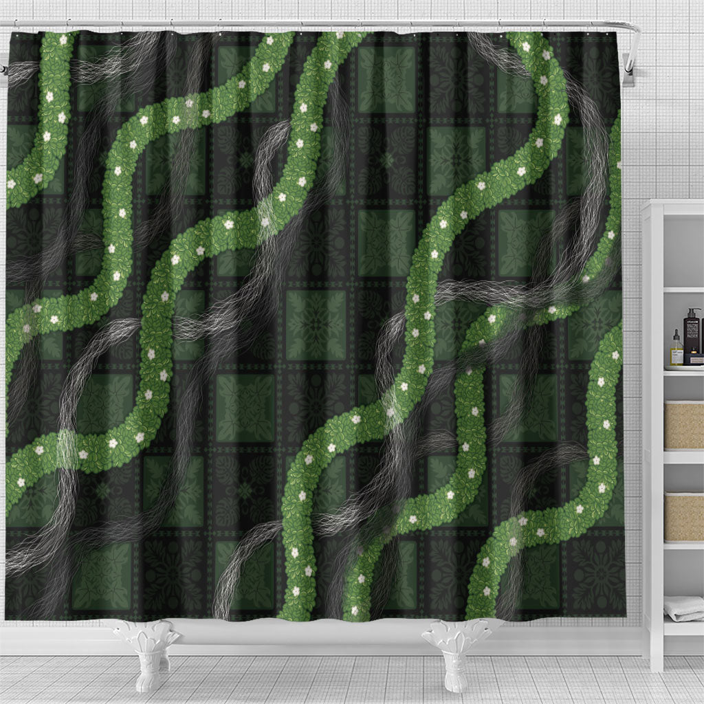 Hawaiian Quilt Shower Curtain Pele Hair Hinahina Lei Black Version