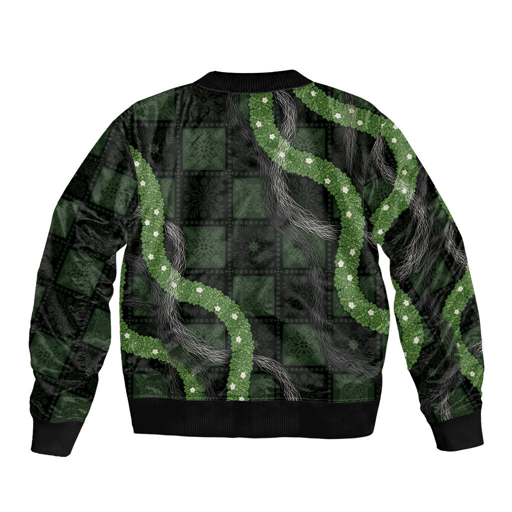 Hawaiian Quilt Sleeve Zip Bomber Jacket Pele Hair Hinahina Lei Black Version