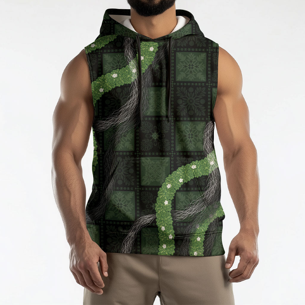 Hawaiian Quilt Sleeveless Hoodie Pele Hair Hinahina Lei Black Version