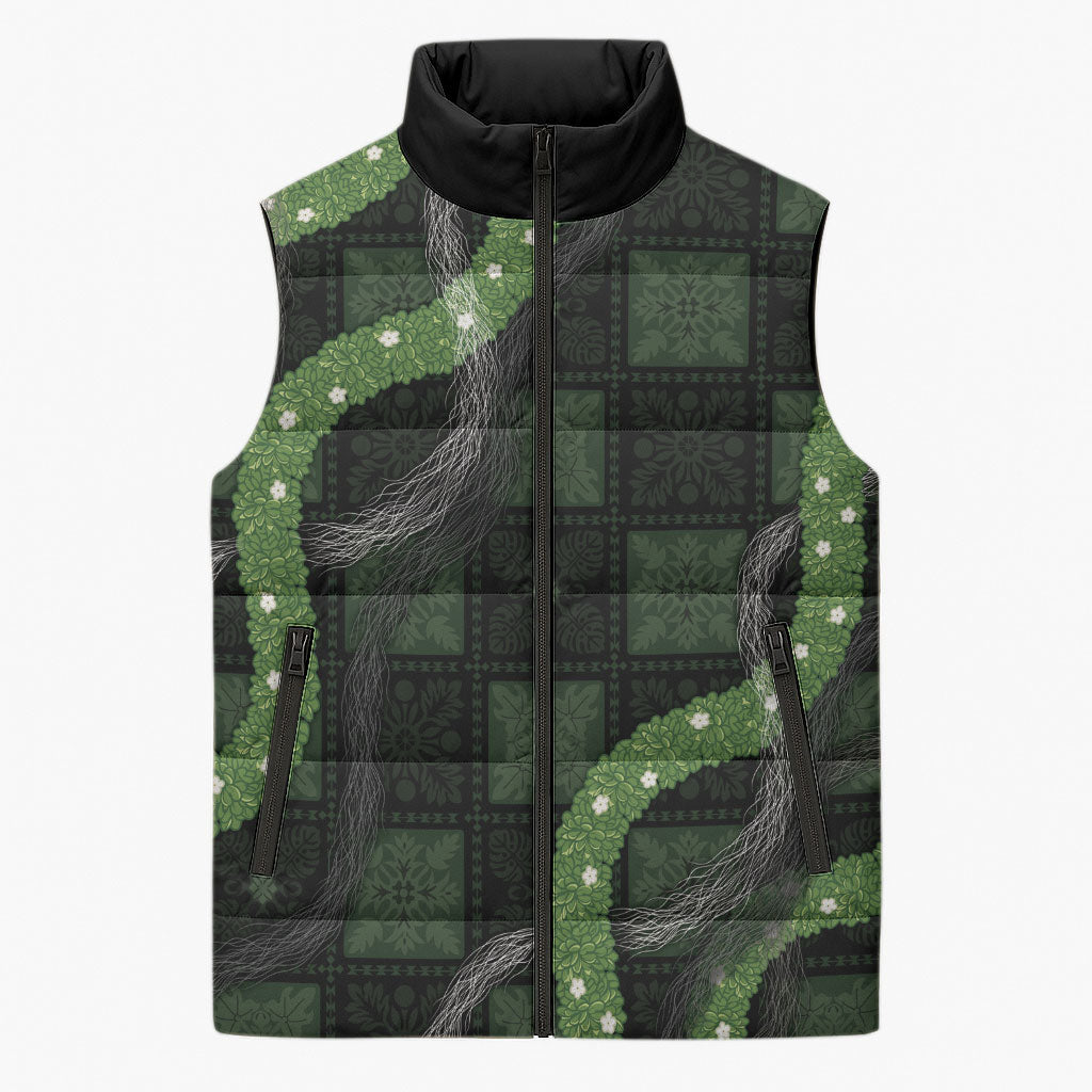 Hawaiian Quilt Sleeveless Puffer Jacket Pele Hair Hinahina Lei Black Version