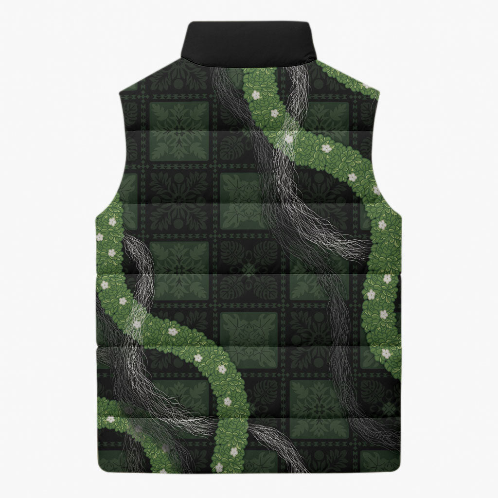 Hawaiian Quilt Sleeveless Puffer Jacket Pele Hair Hinahina Lei Black Version