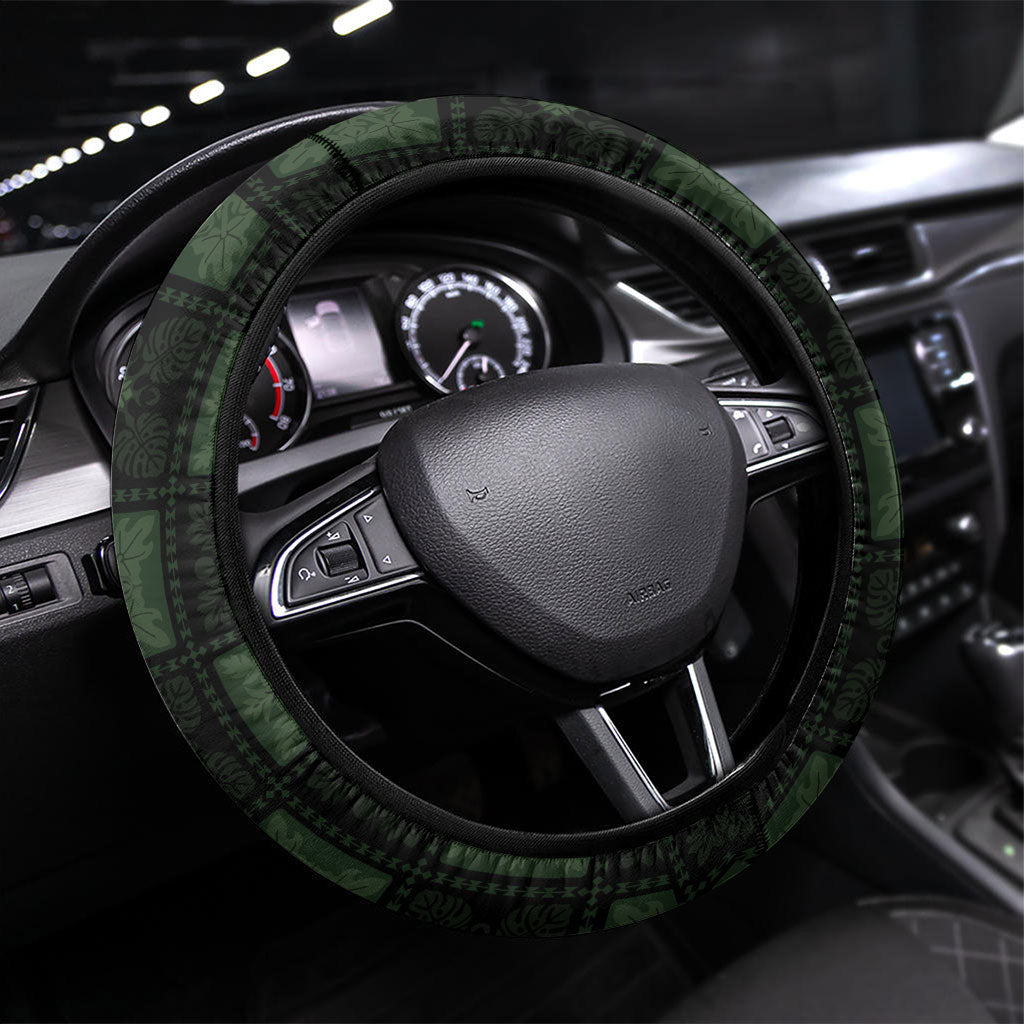 Hawaiian Quilt Steering Wheel Cover Pele Hair Hinahina Lei Black Version LT05 Universal Fit Black - Polynesian Pride